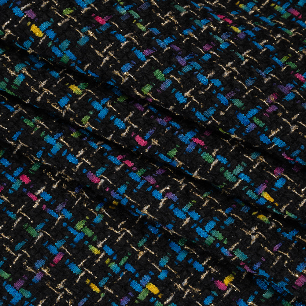 Metallic Acrylic and Wool Tweed - Black, Turquoise Blue and Gold - Deadstock - Folded