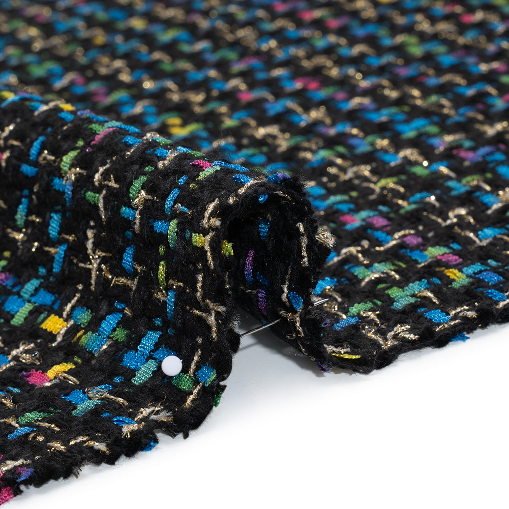 Metallic Acrylic and Wool Tweed - Black, Turquoise Blue and Gold - Deadstock - Detail