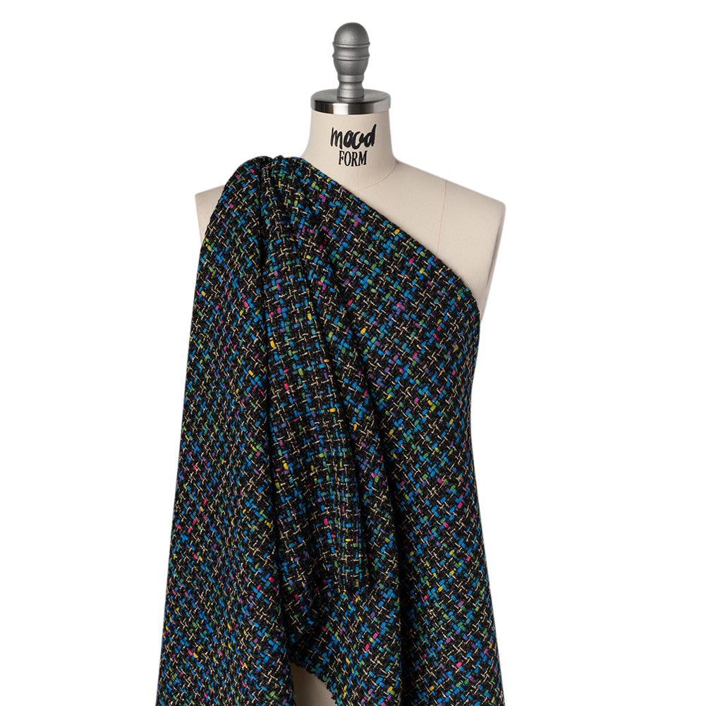 Metallic Acrylic and Wool Tweed - Black, Turquoise Blue and Gold - Deadstock - Drape