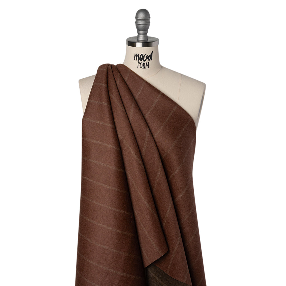 Brushed Wool Double Cloth Coating - Burgundy and Dark Brown Chalk Stripes - Deadstock - Drape