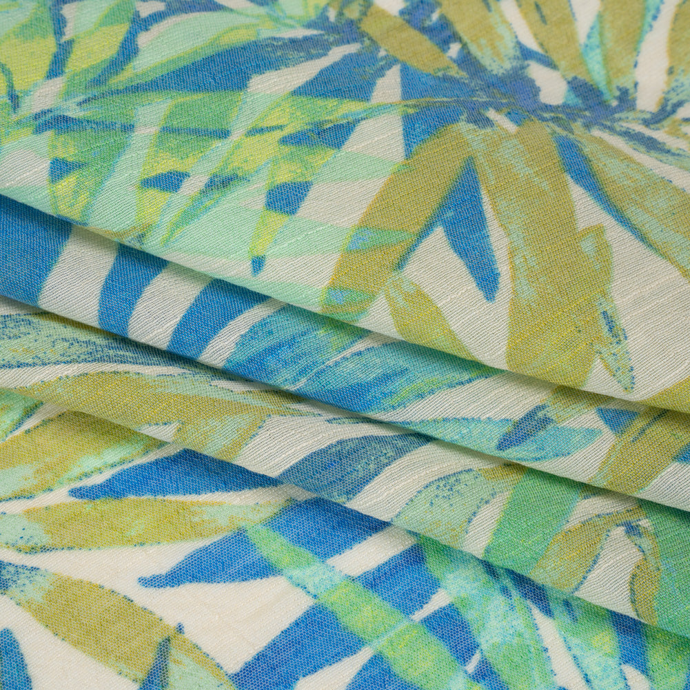 Slubbed Polyester and Rayon Woven - Blue, Green and Beige Palm Leaves - Designer Deadstock Folded