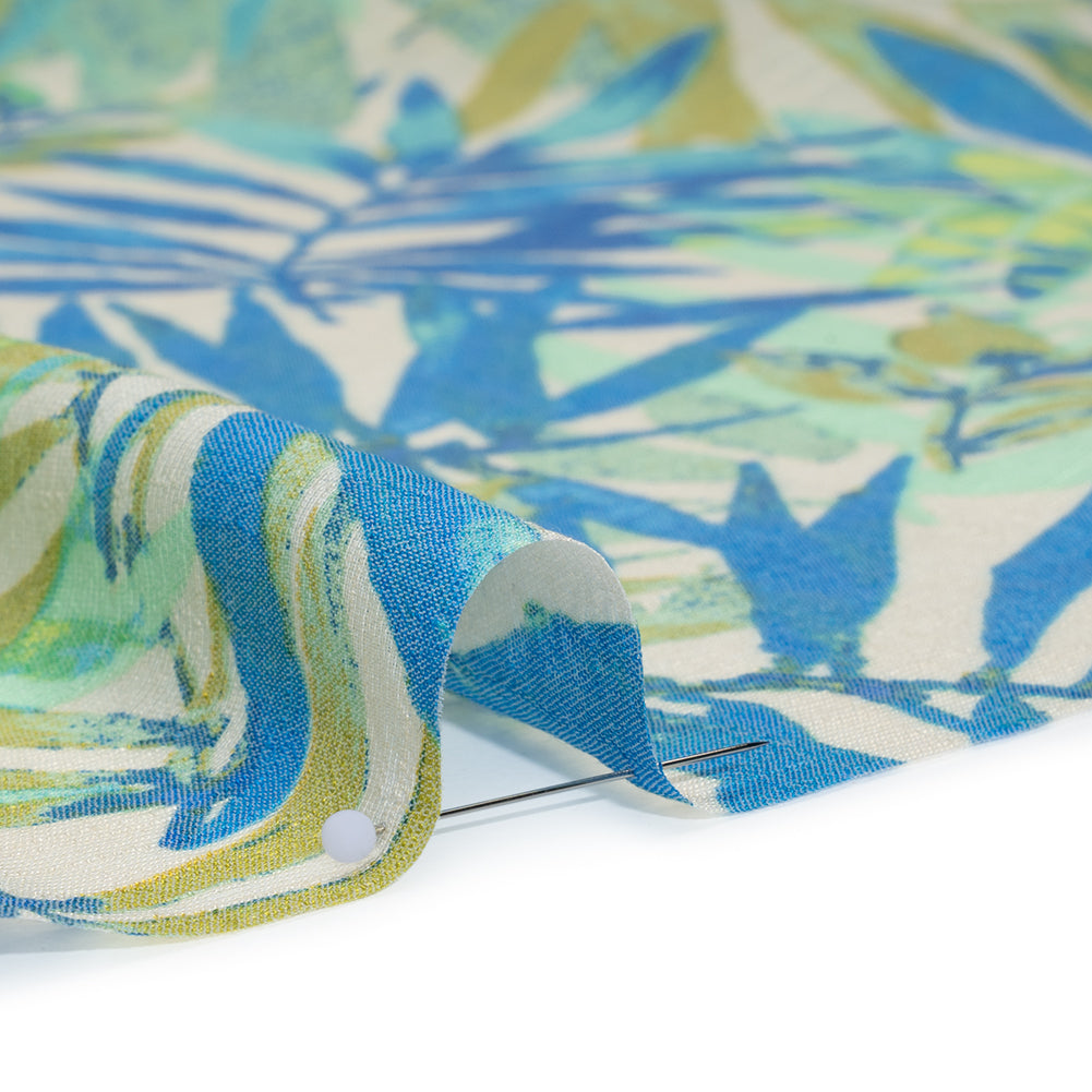 Slubbed Polyester and Rayon Woven - Blue, Green and Beige Palm Leaves - Designer Deadstock Detail