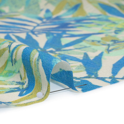 Slubbed Polyester and Rayon Woven - Blue, Green and Beige Palm Leaves - Designer Deadstock Detail