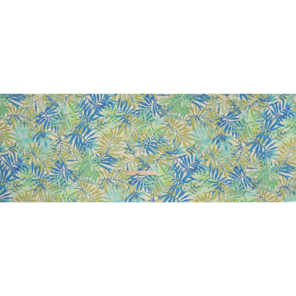 Slubbed Polyester and Rayon Woven - Blue, Green and Beige Palm Leaves - Designer Deadstock Full