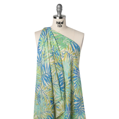Slubbed Polyester and Rayon Woven - Blue, Green and Beige Palm Leaves - Designer Deadstock Drape