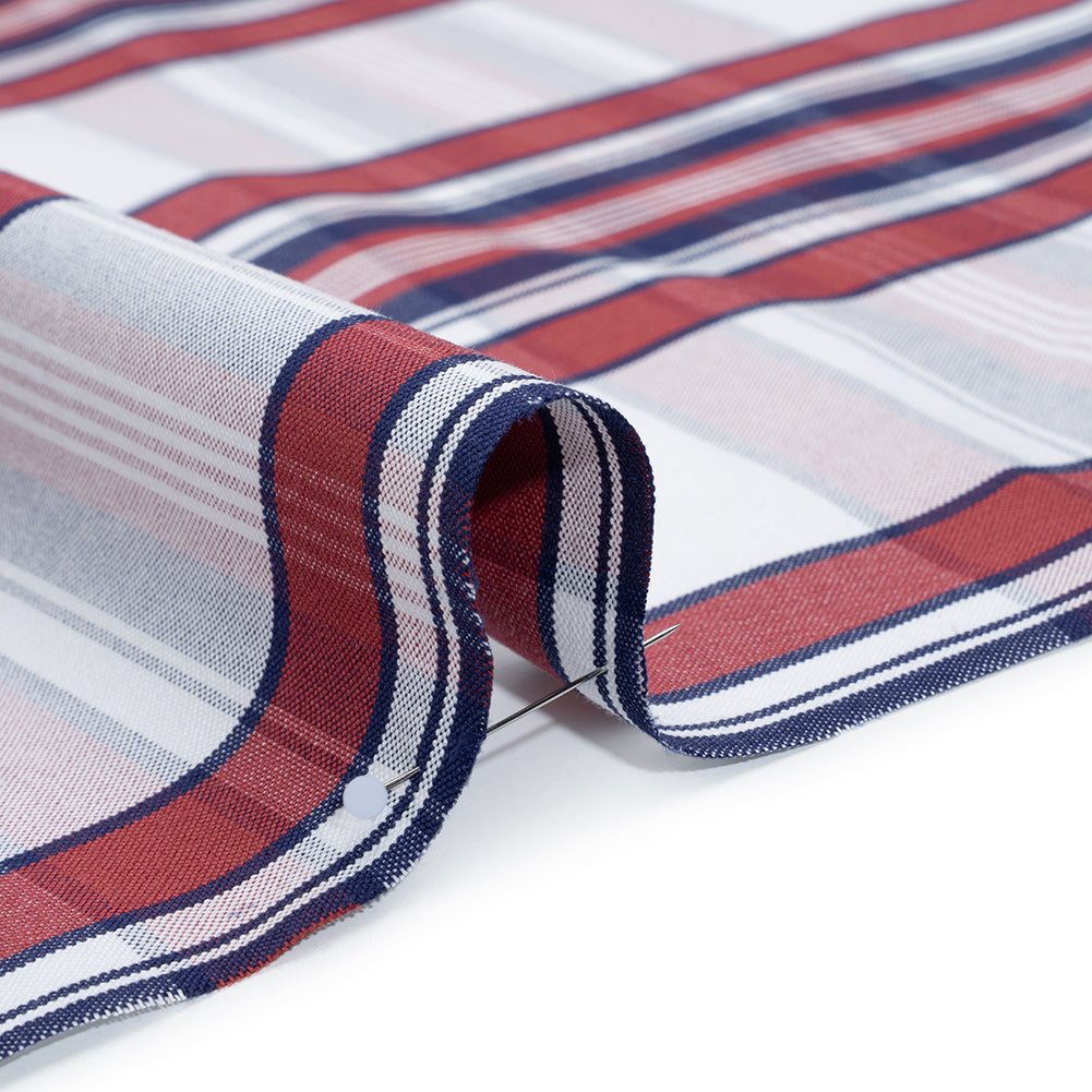 Cotton Oxford Shirting - White, Dark Blue and Wine Red Plaid - Deadstock - Detail