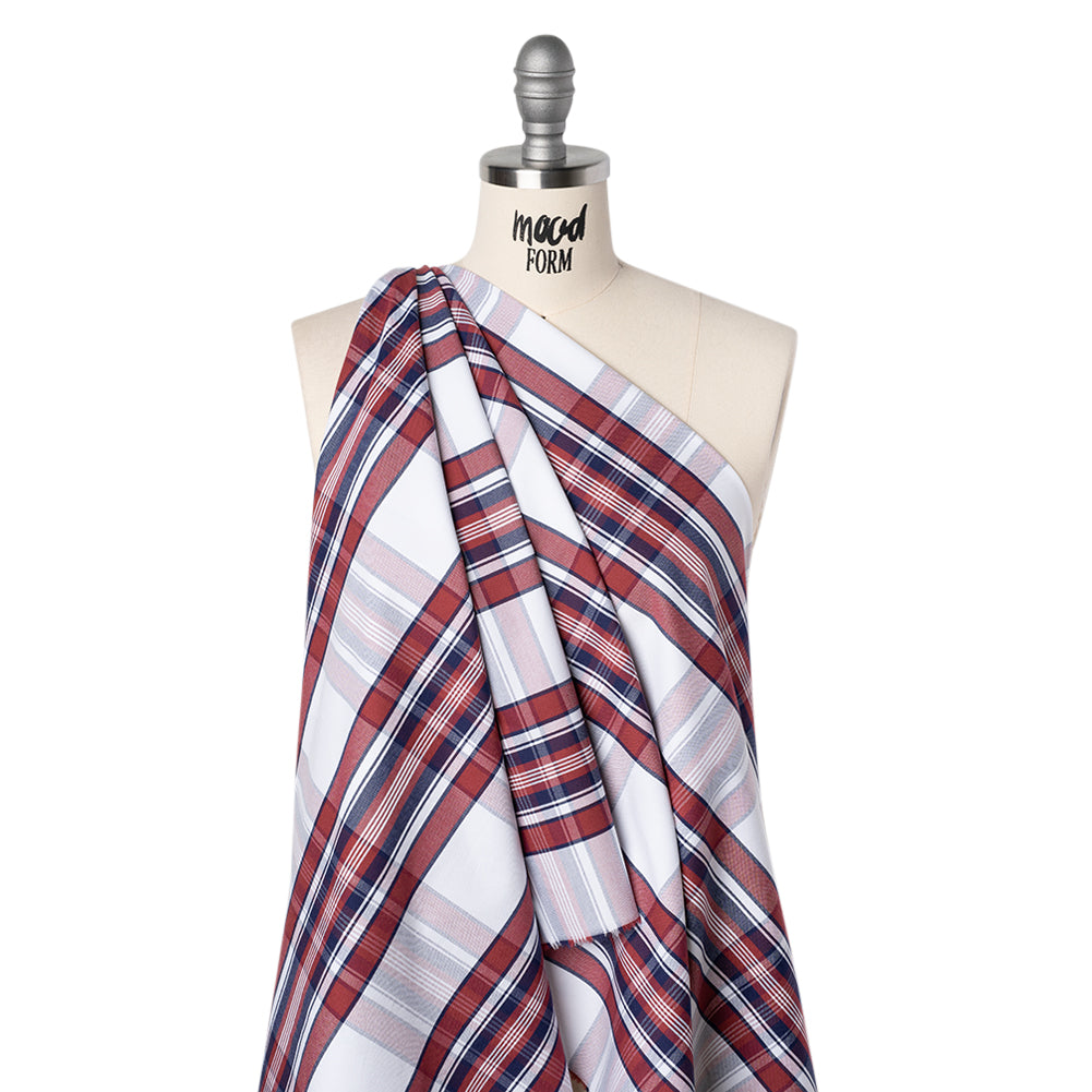 Cotton Oxford Shirting - White, Dark Blue and Wine Red Plaid - Deadstock - Drape