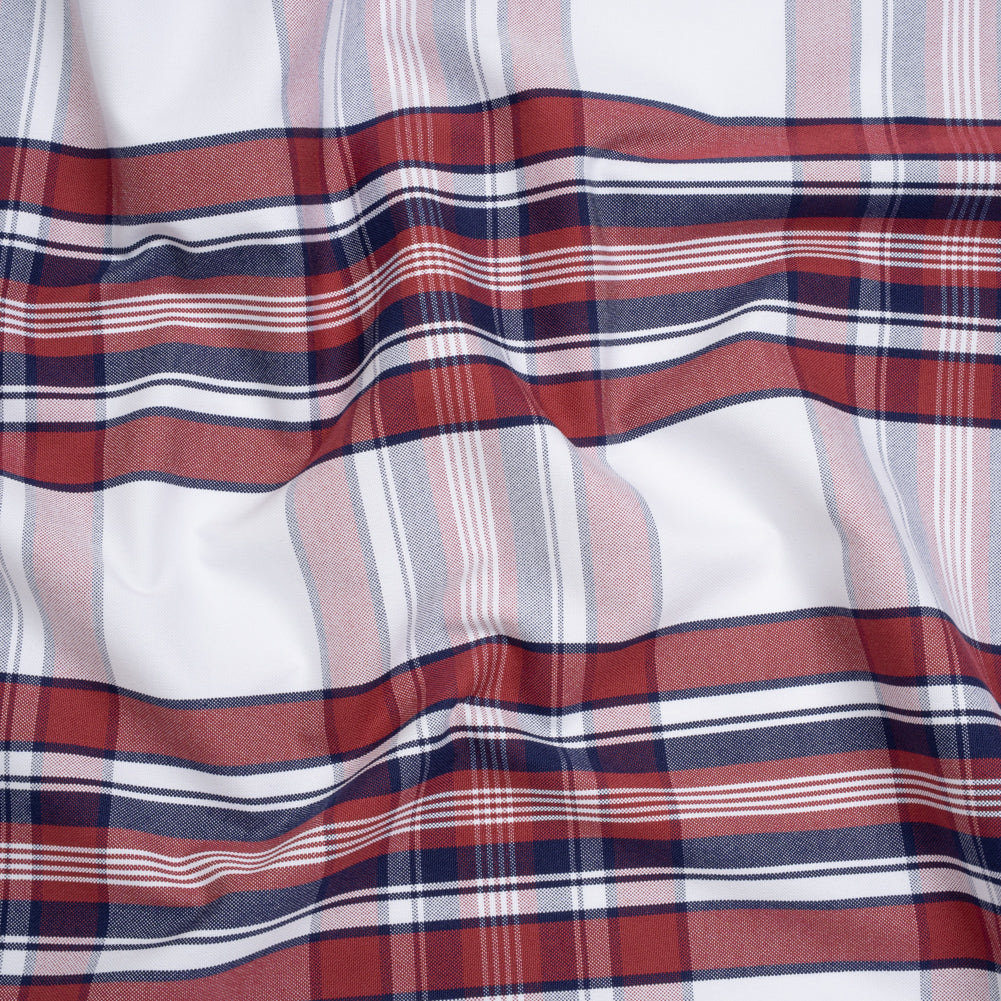 Cotton Oxford Shirting - White, Dark Blue and Wine Red Plaid - Deadstock