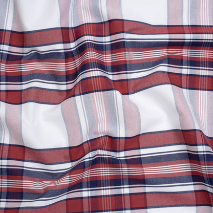 Cotton Oxford Shirting - White, Dark Blue and Wine Red Plaid - Deadstock