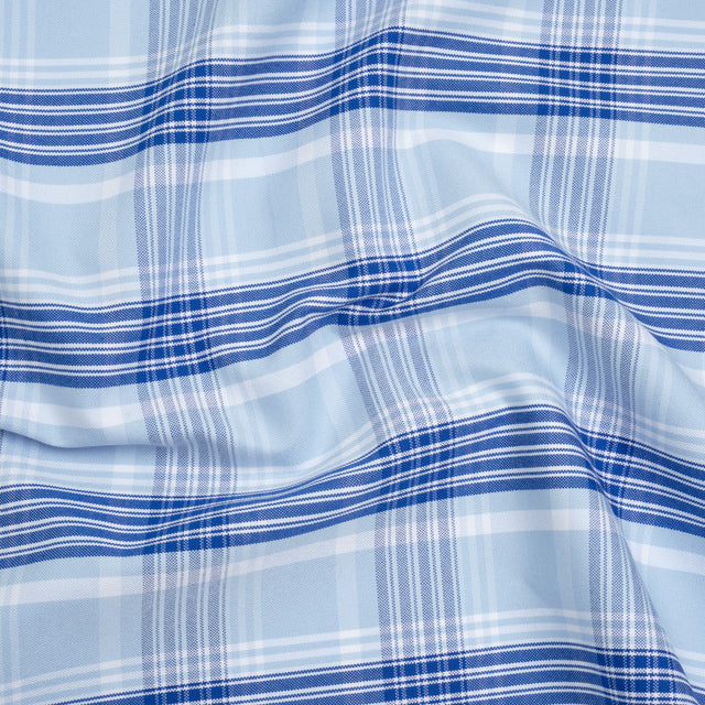 Cotton Oxford Shirting - Sky and Cobalt Blue Plaid - Deadstock