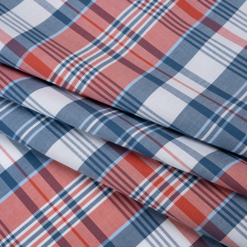 Cotton Oxford Shirting - Classic Blue, Cherry Tomato and White Plaid - Deadstock