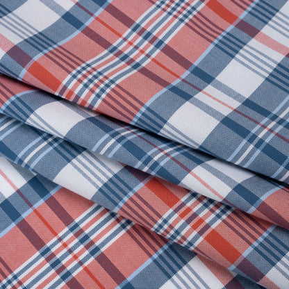 Cotton Oxford Shirting - Classic Blue, Cherry Tomato and White Plaid - Deadstock