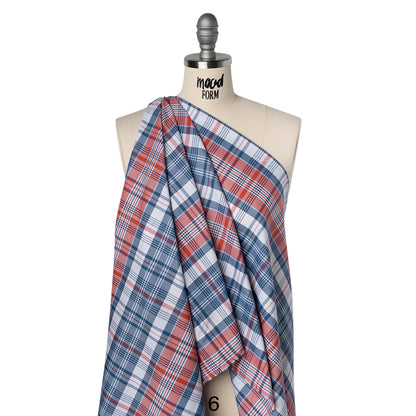 Cotton Oxford Shirting - Classic Blue, Cherry Tomato and White Plaid - Deadstock