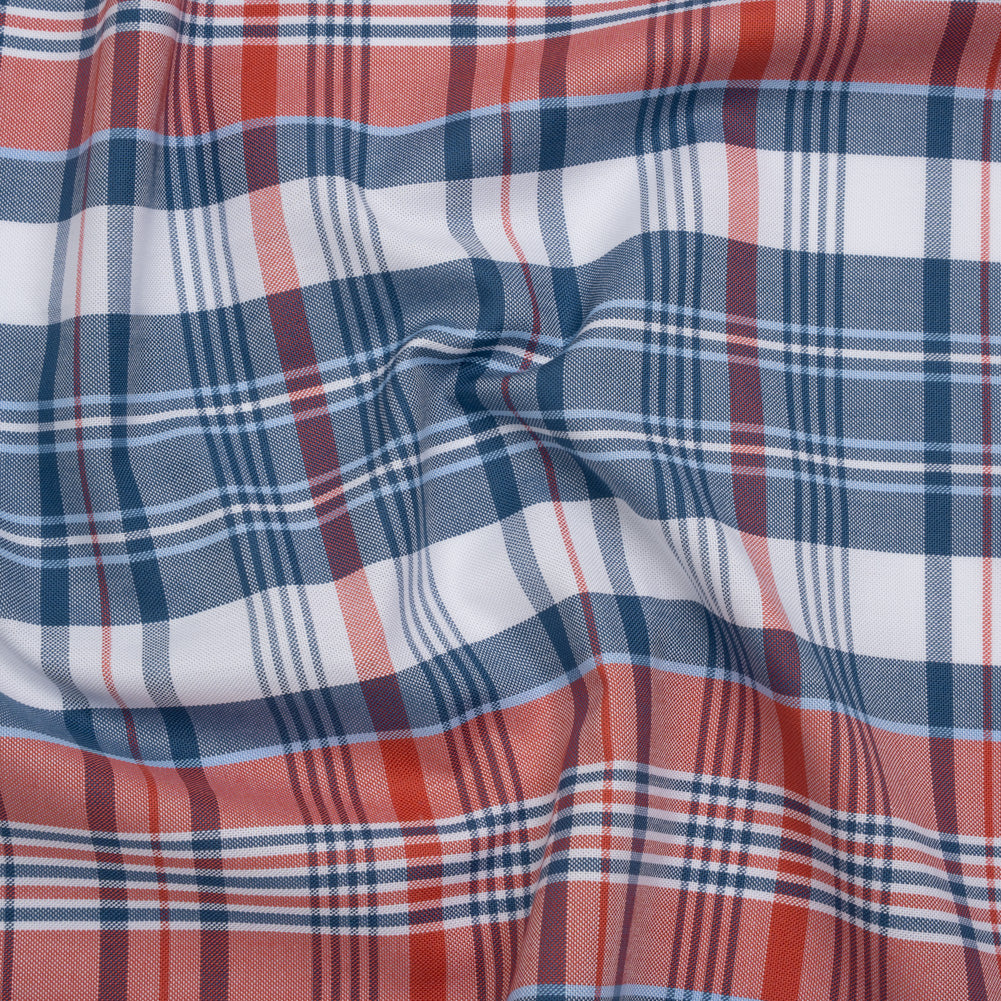Cotton Oxford Shirting - Classic Blue, Cherry Tomato and White Plaid - Deadstock