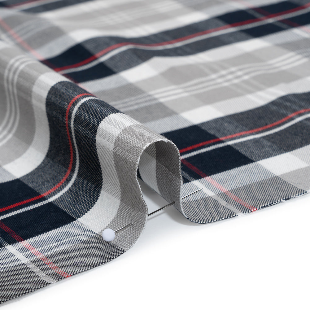 Cotton Oxford Shirting - Warm Gray, Cool Black and Red Plaid - Deadstock