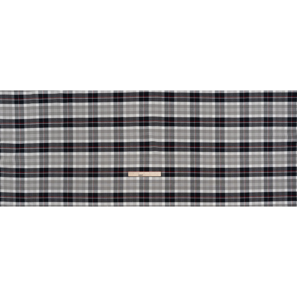 Cotton Oxford Shirting - Warm Gray, Cool Black and Red Plaid - Deadstock
