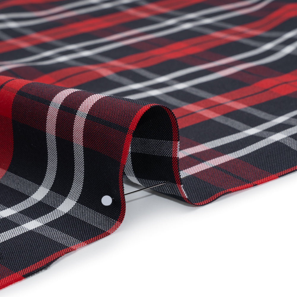 Cotton Oxford Shirting - Navy Blue, Red and White Plaid - Deadstock - Detail