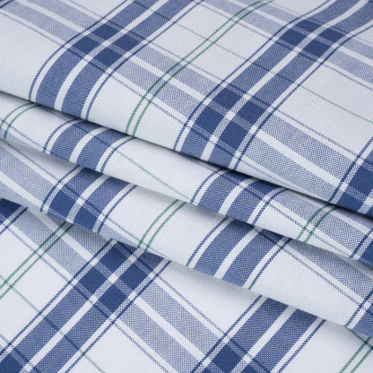 Cotton Oxford Shirting - Classic Blue, White and Leaf Green Plaid - Deadstock