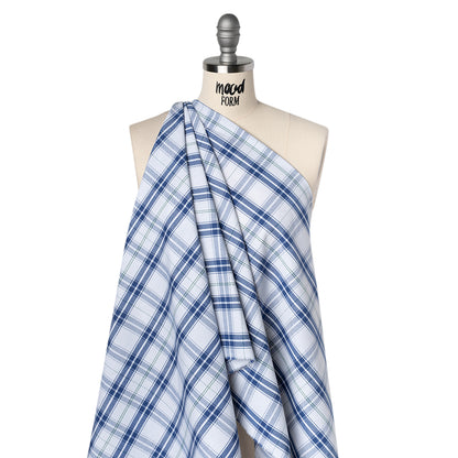 Cotton Oxford Shirting - Classic Blue, White and Leaf Green Plaid - Deadstock