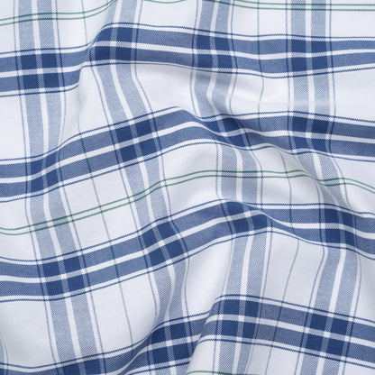 Cotton Oxford Shirting - Classic Blue, White and Leaf Green Plaid - Deadstock