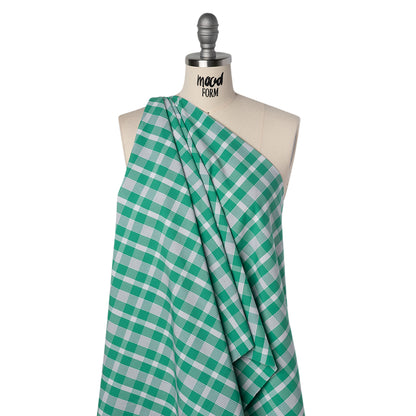 Cotton Shirting - Dark Mint Green and White Plaid - Deadstock