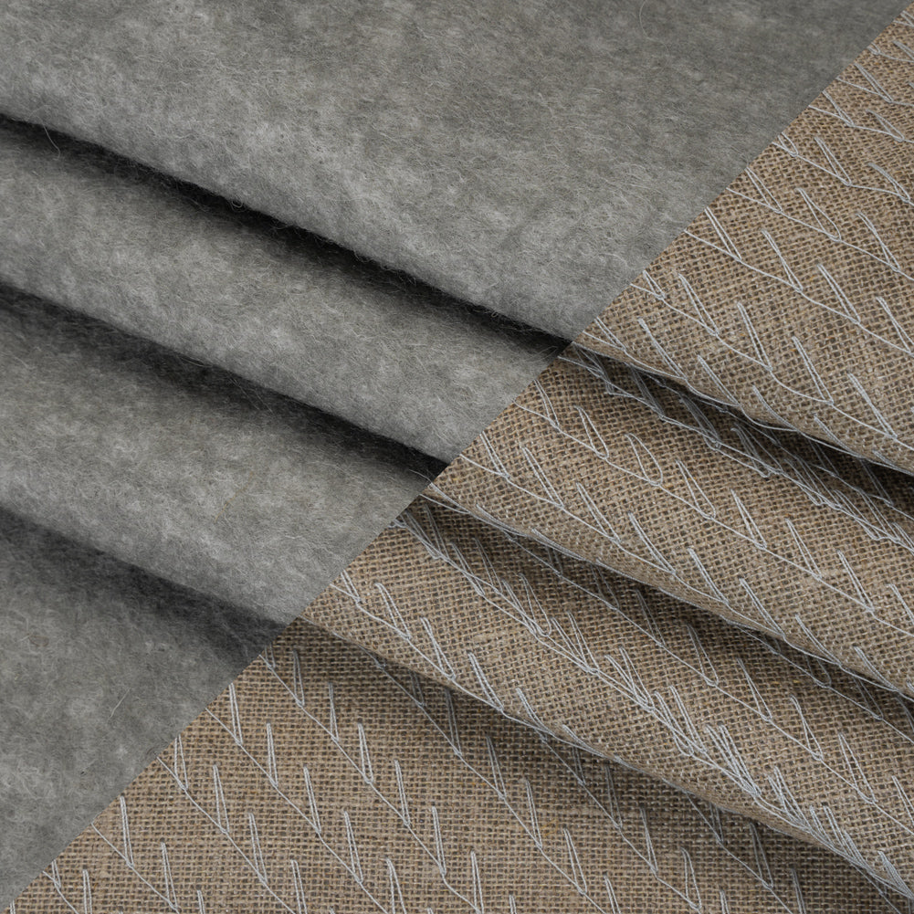 Wool Felt with Stitched Linen Burlap Backing - Heathered Gray and Oatmeal - Deadstock Folded
