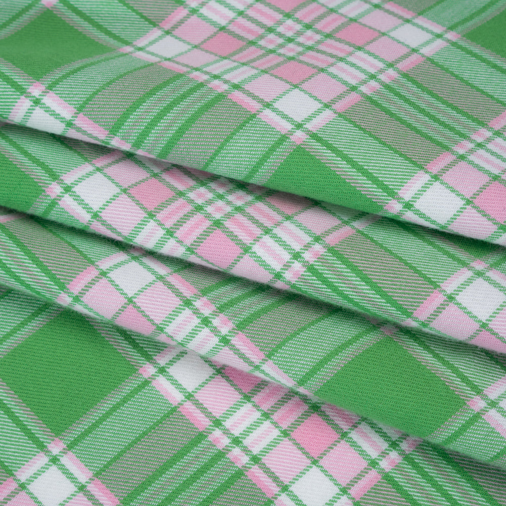 Lightweight Cotton Twill Flannel - Baby Pink, Kelly Green and White Plaid - Deadstock Folded