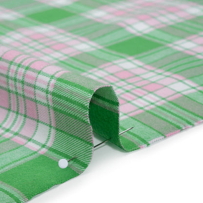 Lightweight Cotton Twill Flannel - Baby Pink, Kelly Green and White Plaid - Deadstock Detail