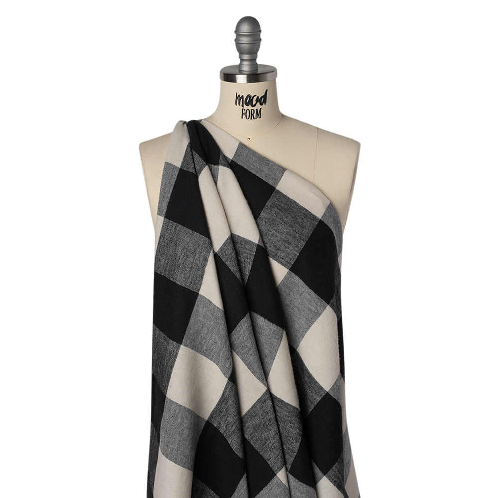 Cotton Twill Flannel - Black and Ecru Buffalo Check - Deadstock Drape