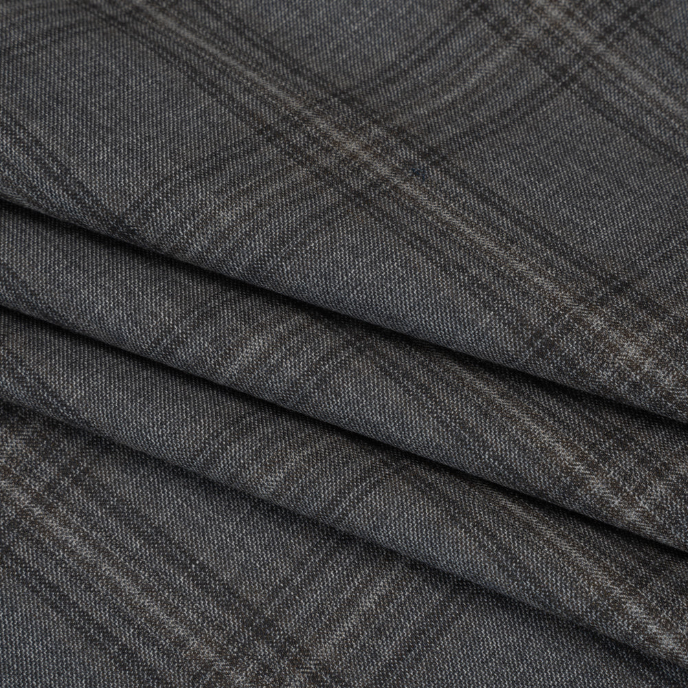 Wool Suiting Made in Italy - Gray, Charcoal and Brown Plaid - Deadstock - Folded