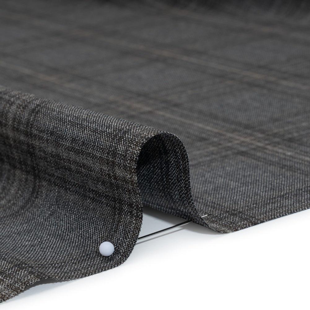 Wool Suiting Made in Italy - Gray, Charcoal and Brown Plaid - Deadstock - Detail