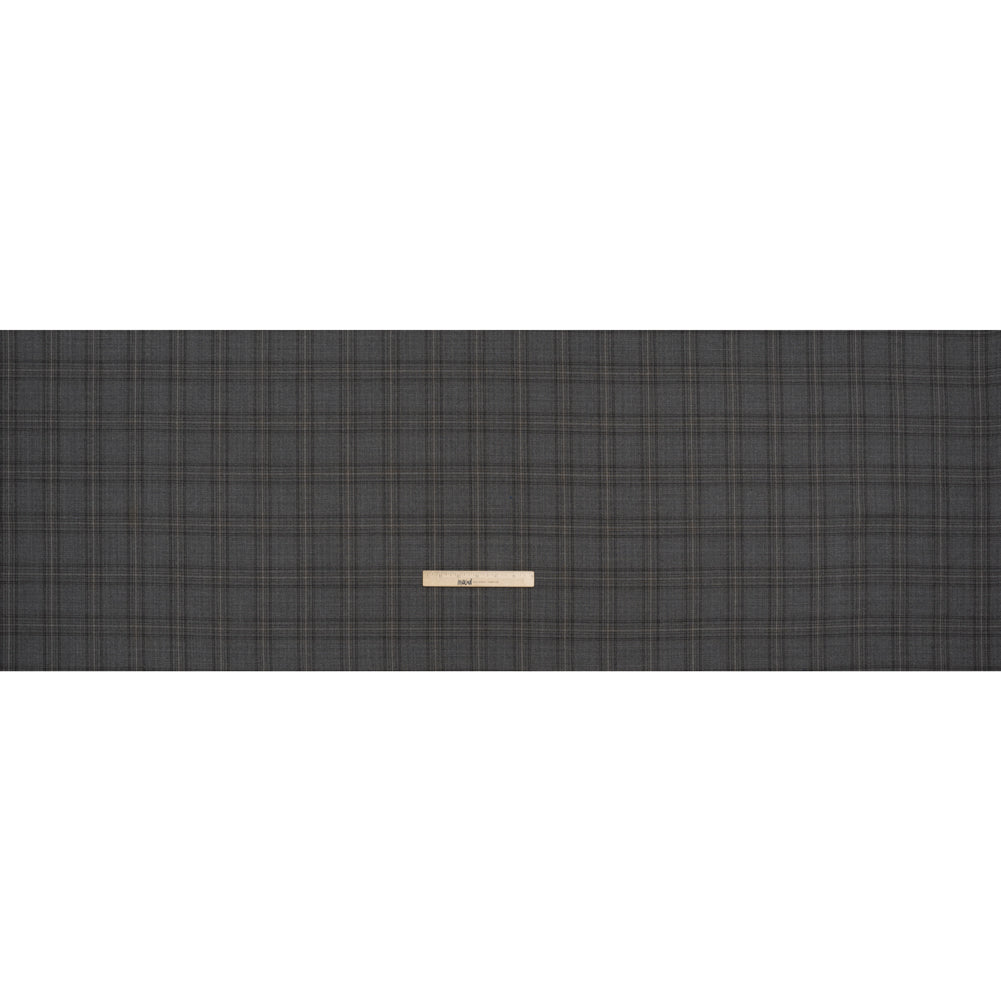 Wool Suiting Made in Italy - Gray, Charcoal and Brown Plaid - Deadstock - Full