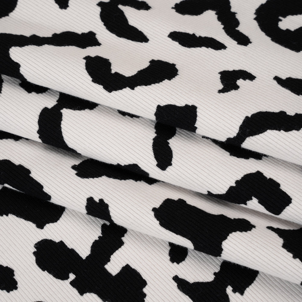 Stretch Cotton 2x2 Rib Knit Print - Black and White Big Leopard Spots - Deadstock - Folded