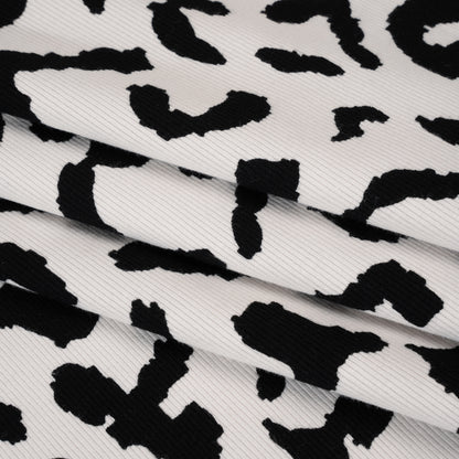 Stretch Cotton 2x2 Rib Knit Print - Black and White Big Leopard Spots - Deadstock