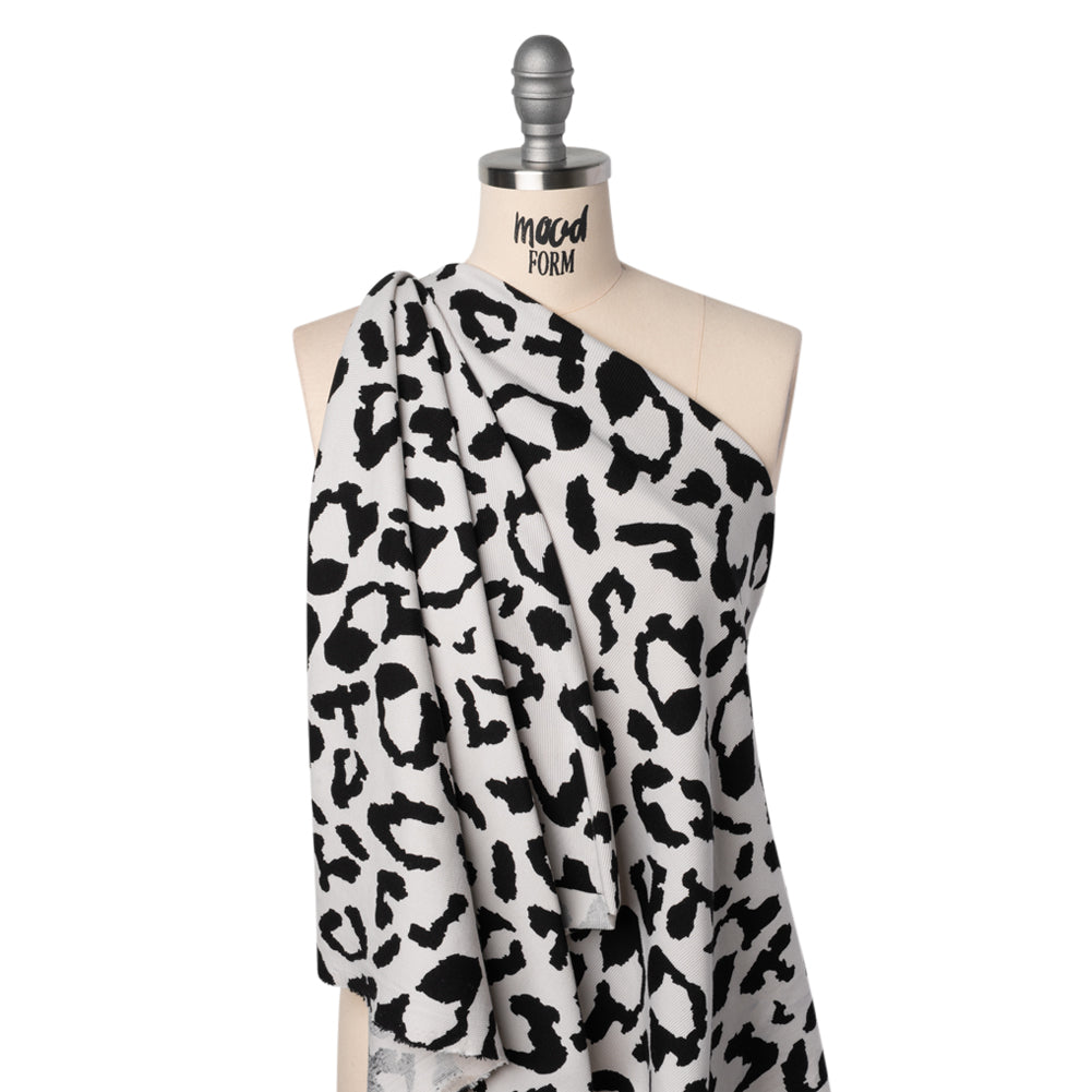 Stretch Cotton 2x2 Rib Knit Print - Black and White Big Leopard Spots - Deadstock - Drape