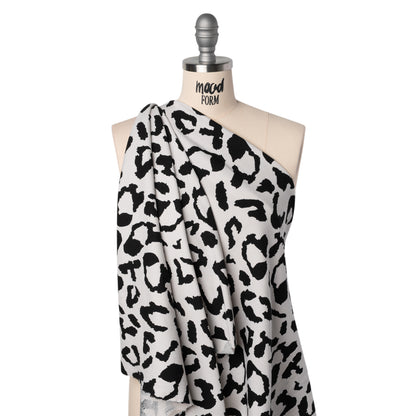 Stretch Cotton 2x2 Rib Knit Print - Black and White Big Leopard Spots - Deadstock