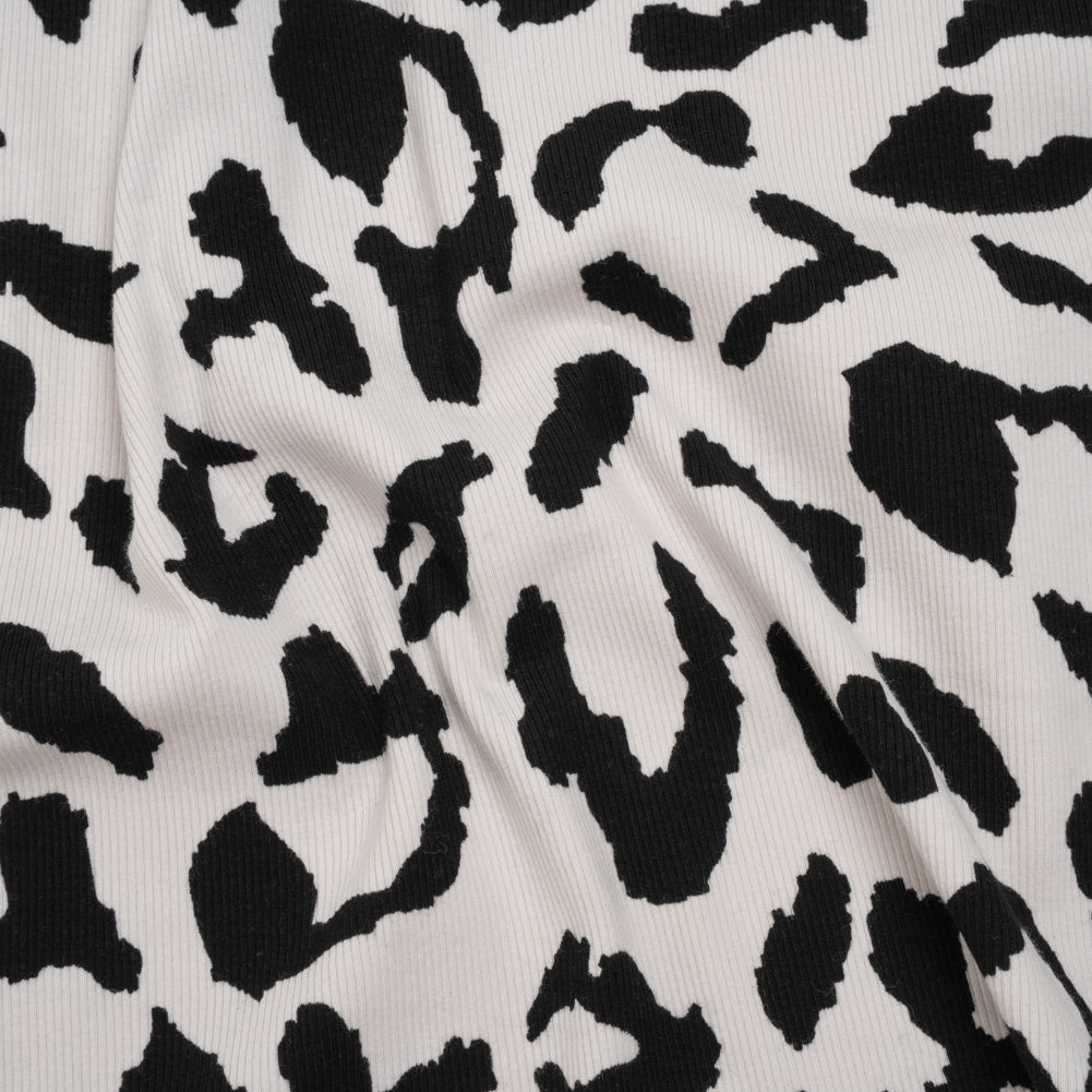 Stretch Cotton 2x2 Rib Knit Print - Black and White Big Leopard Spots - Deadstock