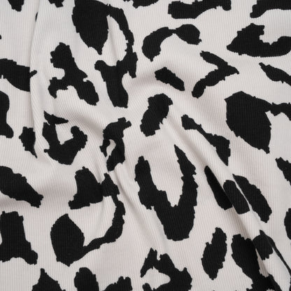 Stretch Cotton 2x2 Rib Knit Print - Black and White Big Leopard Spots - Deadstock
