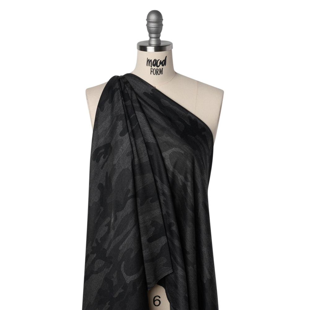 Lightweight Polyester Jersey Print - Black and Charcoal Subtle Camouflage - Deadstock Drape