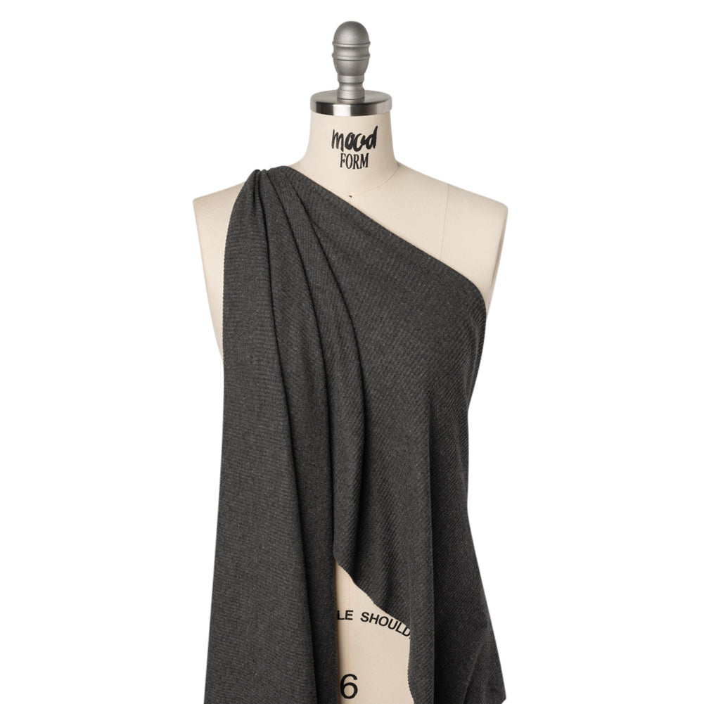 Brushed Cozy Stretch Viscose 2x2 Rib Knit - Anthracite Gray - Deadstock