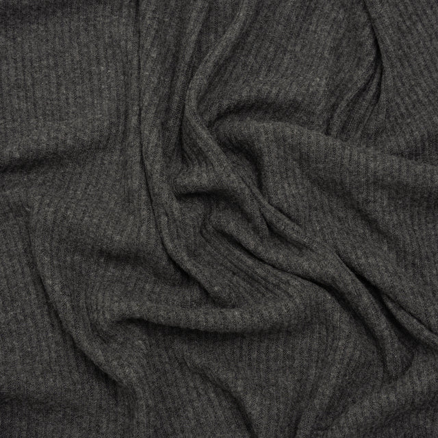 Brushed Cozy Stretch Viscose 2x2 Rib Knit - Anthracite Gray - Deadstock
