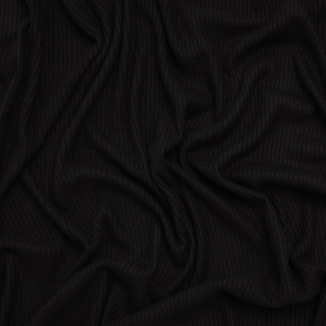 Brushed Cozy Stretch Viscose 2x2 Rib Knit - Black - Deadstock
