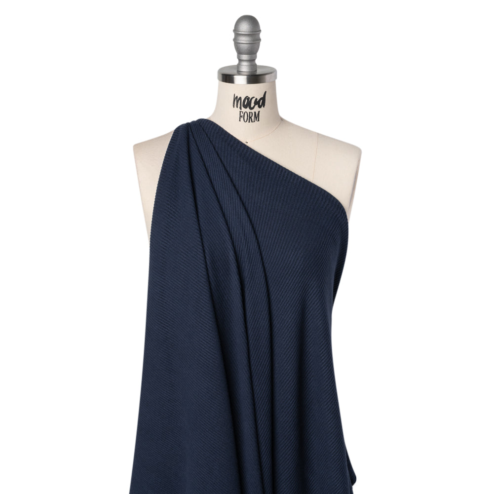 Brushed Cozy Stretch Viscose 2x2 Rib Knit - Navy - Deadstock - Drape