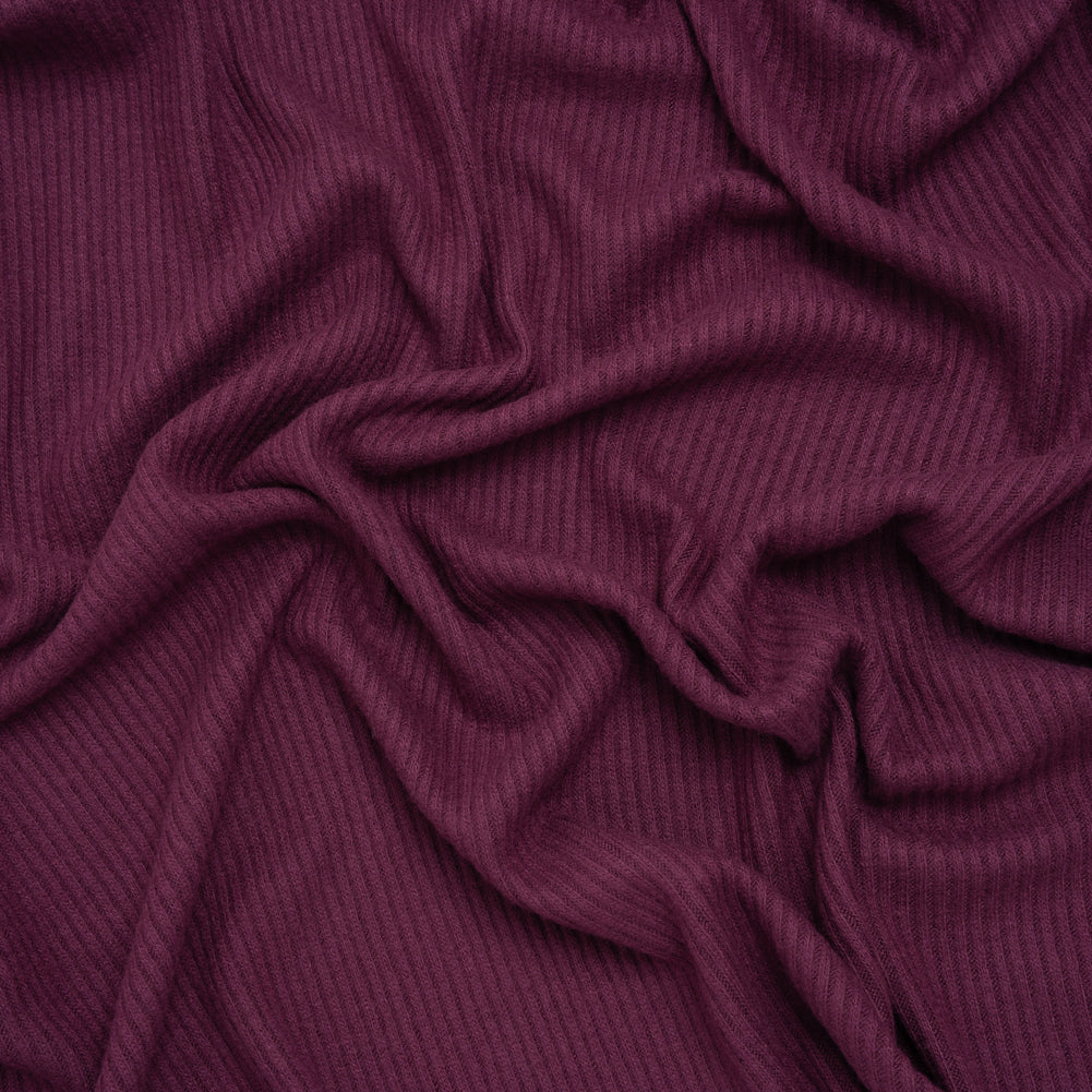 Brushed Cozy Stretch Viscose 2x2 Rib Knit - Plum - Deadstock