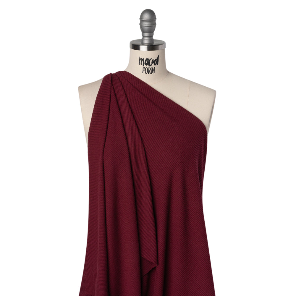 Brushed Cozy Stretch Viscose 2x2 Rib Knit - Wine - Deadstock