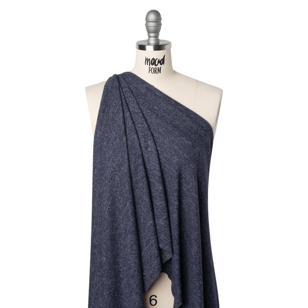 1 Yard of Cozy Brushed Stretch Rayon Sweater Knit - Heathered Navy Blue - Deadstock