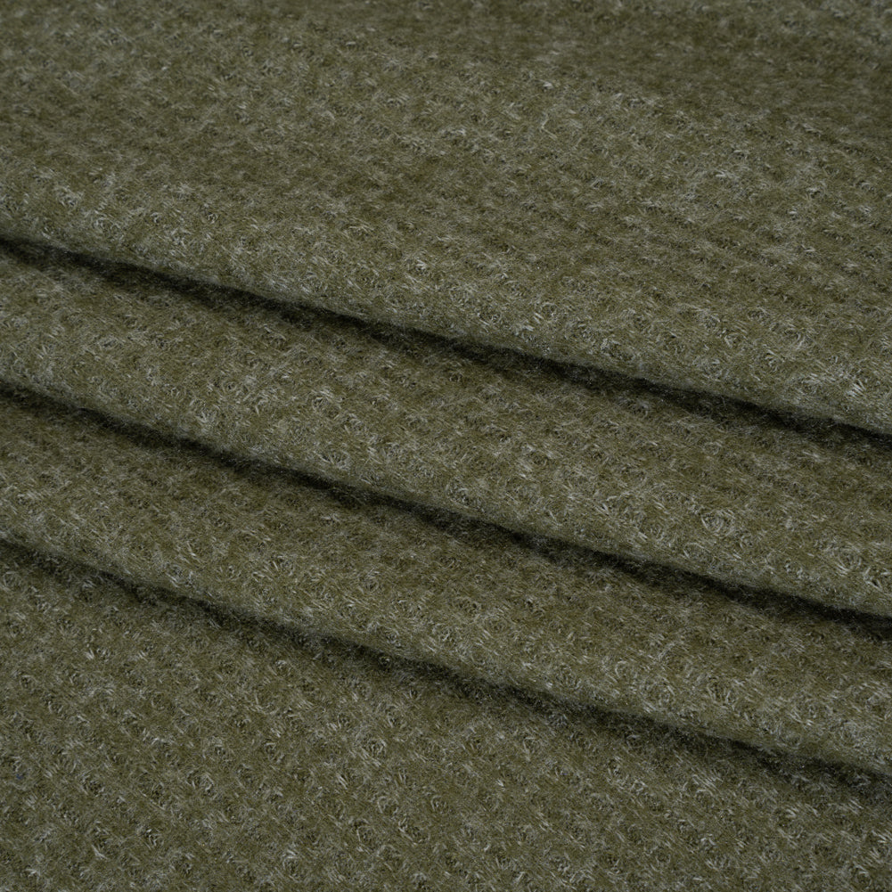Brushed Stretch Rayon and Polyester Waffle Sweater Knit - Heathered Moss Green - Deadstock - Folded