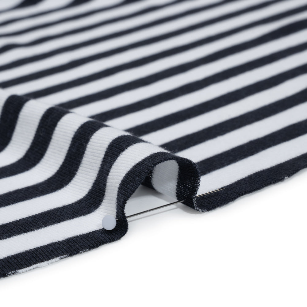 Cotton and Polyester 1x1 Rib Knit - Navy Blue and White Stripes - Deadstock
