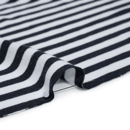 Cotton and Polyester 1x1 Rib Knit - Navy Blue and White Stripes - Deadstock