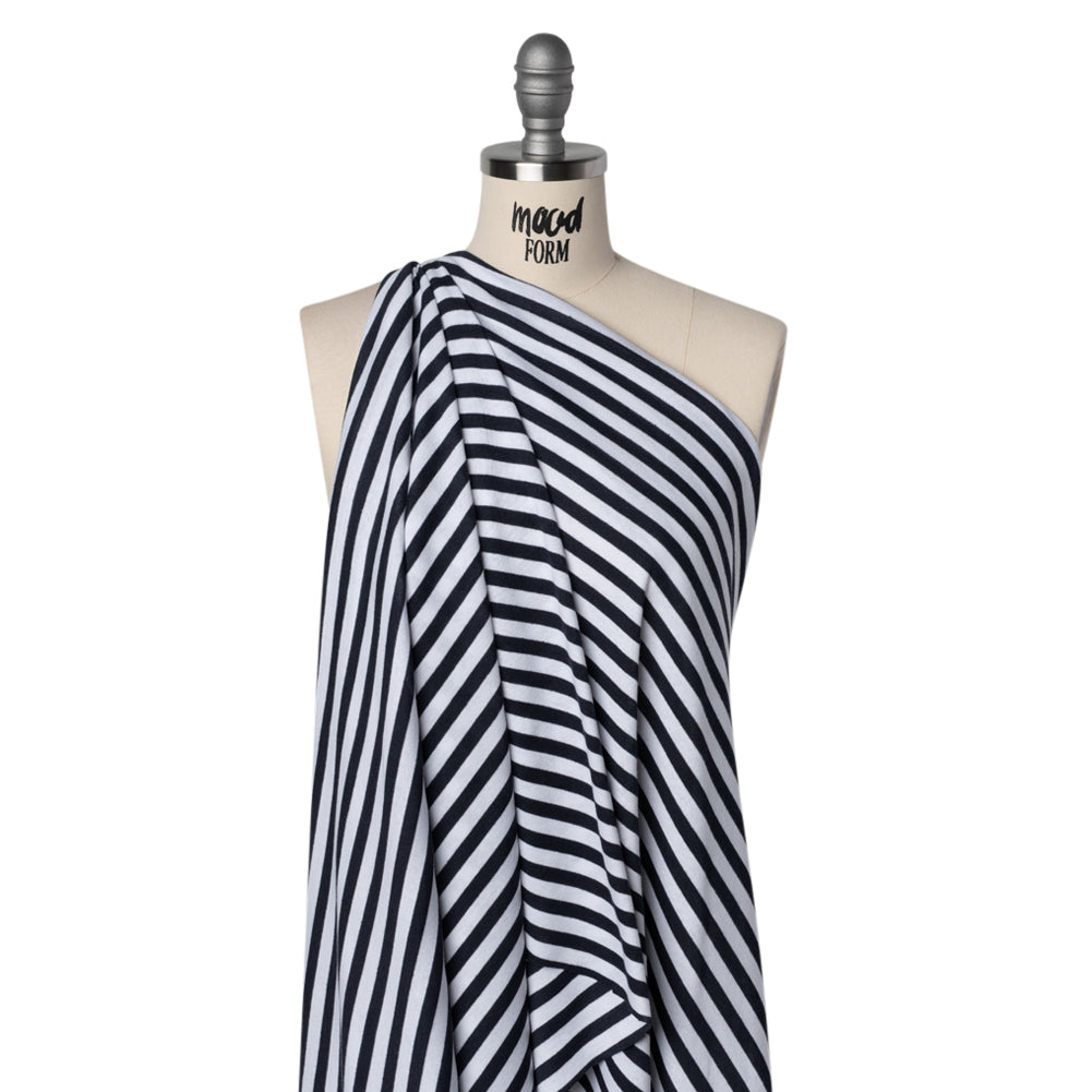 Cotton and Polyester 1x1 Rib Knit - Navy Blue and White Stripes - Deadstock